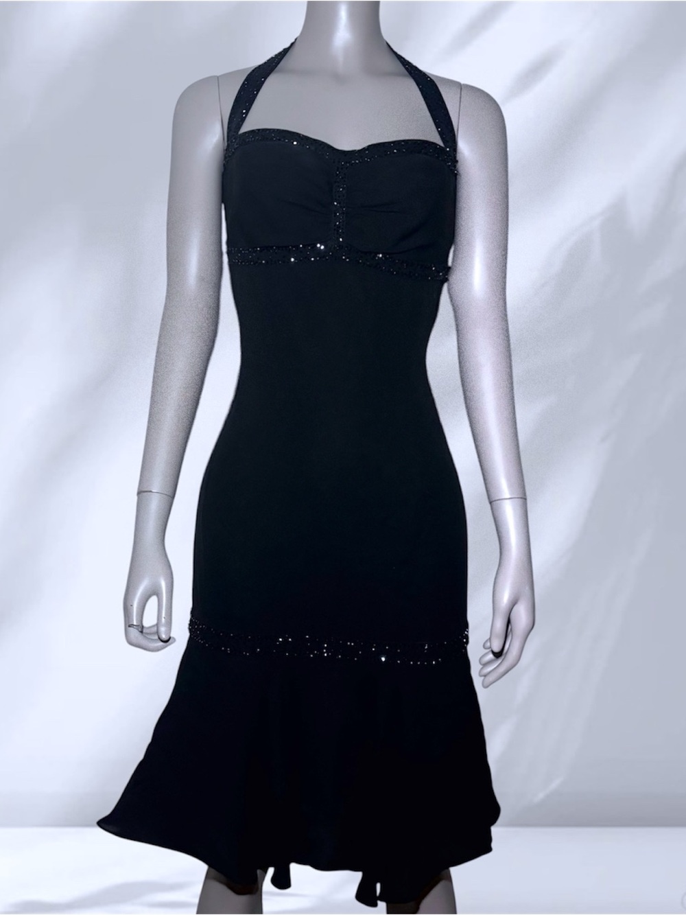Black Halter Midi Dress with Sequin Trim